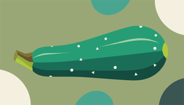 Minimalist vector illustration of a dark green zucchini squash against a retro patterned background of circles.