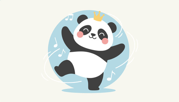 Adorable cartoon panda wearing a small golden crown and dancing happily with music notes floating around its head.