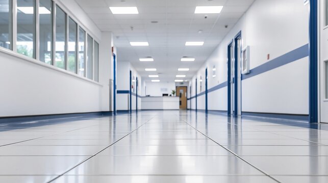 Long empty hospital corridor with white walls, blue accents, and reflective tiled floor leading to a reception desk.