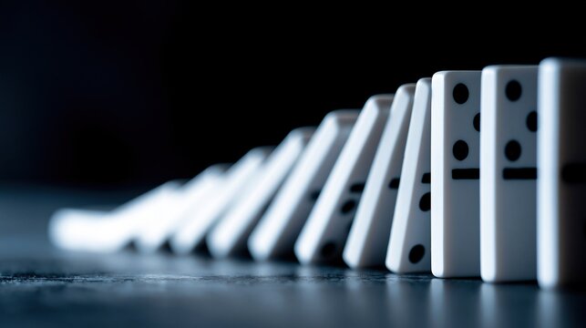 White dominoes arranged in a line on a dark surface, showing the potential for a chain reaction effect.