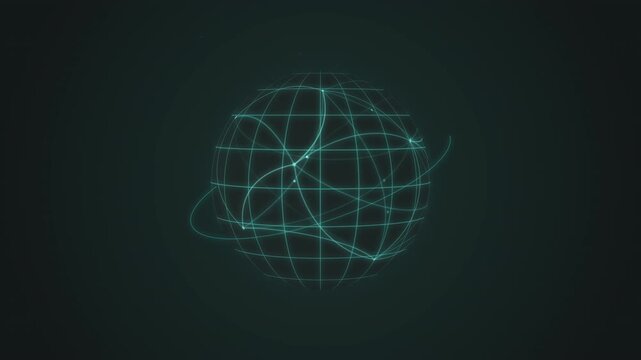 Teal wireframe globe rotating with data arcs over dark seamless loop