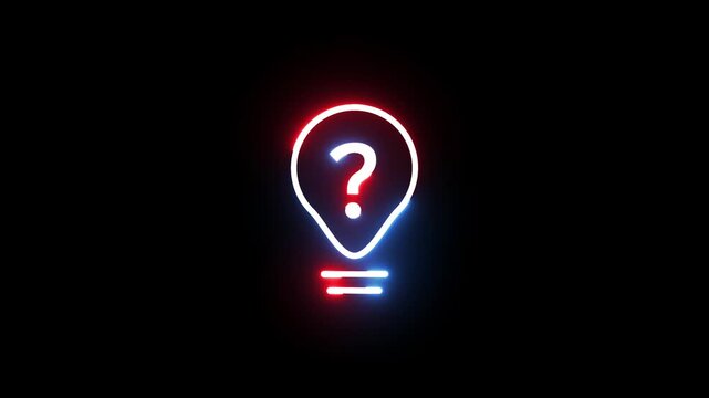 Neon lightbulb icon with flickering question mark symbol glowing on dark black background
