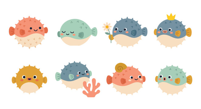 Set of cute puffer fish characters with different expressions and colorful sea elements Vector