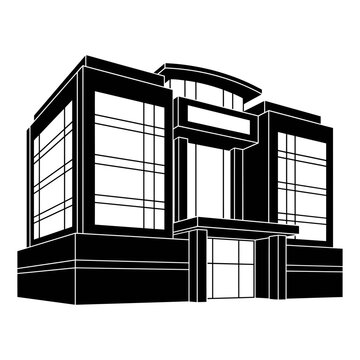 Modern office building vector icon. Minimalist black and white corporate architecture. Commercial real estate skyscraper silhouette for business branding.