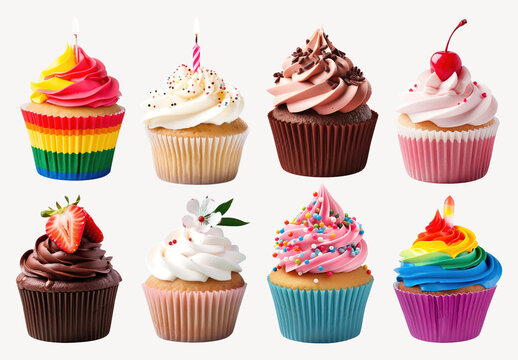 Colorful Cupcakes With Diverse Toppings Element Design Set