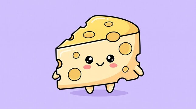 Cute cartoon cheese slice character with a happy smiling face and blushing cheeks on a light purple background