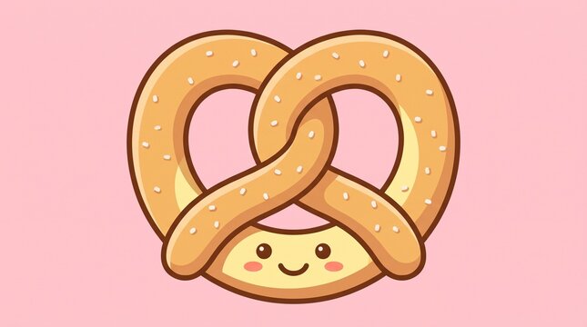 Cute pretzel character with a happy smiling face on a soft pink background
