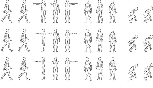 Human figure sequence showing walking, standing, and squatting poses for anatomy and animation reference