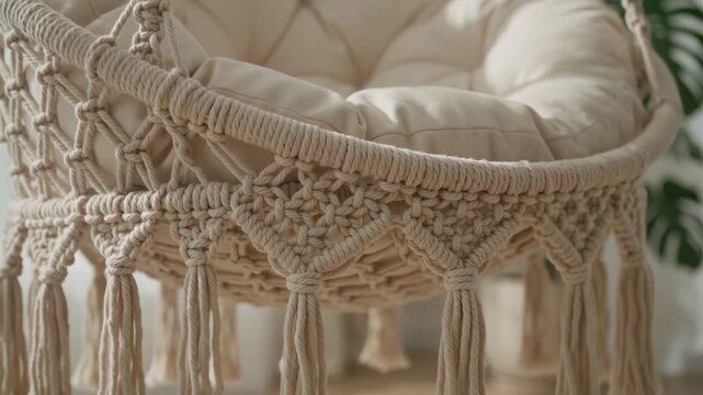 A close-up view of a beige macrame hanging chair with soft cushions in a bright room.