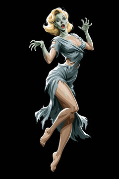 Woman with green zombie face paint in torn dress raising claws, vintage comic-style pin-up illustration