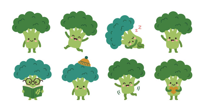 Cute cartoon broccoli character set with various poses and expressions for kids design Vector