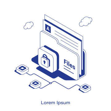 Isometric cybersecurity vector illustration. File folder containing documents secured by a padlock block connected to a digital network. Clean IT data protection and privacy technology layout