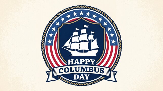 Happy Columbus Day badge with a vintage ship illustration