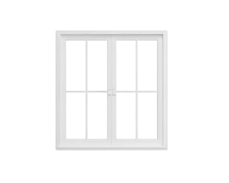 White double glazed window frame, classic sash design on white background, architectural element, modern construction interior design component, glass pane structure