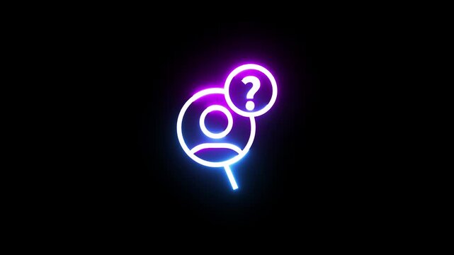 Neon glowing avatar icon with question mark symbol flickering in darkness motion footage