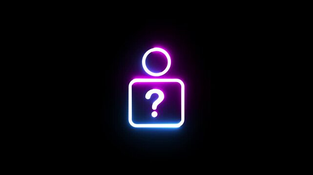 Neon user icon glowing with question mark symbol on dark background for digital identity