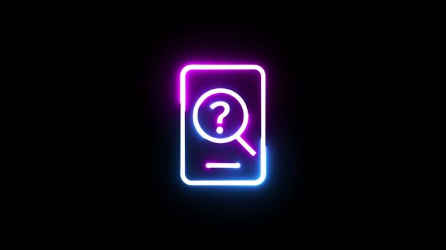 Neon smartphone search icon with question mark inside magnifying glass on black background