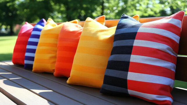 Vibrant Striped Cushions Arranged on a Garden Bench, Outdoor Comfort and Decor