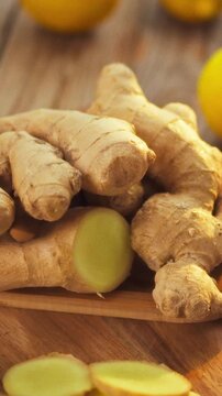 Freshly harvested ginger root and thin ginger slices lie on a wooden plate on a plain wooden table, with lemon wedges beside them, showing agricultural produce ready for food preparation