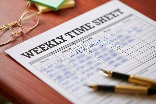 Weekly time sheet document with handwritten entries rests on wooden desk alongside glasses and pens.