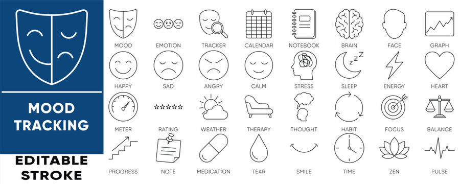 Mood tracking and mental health outline icon set. Includes emotion faces, therapy, stress, and sleep vectors. Editable stroke for self-care UI.