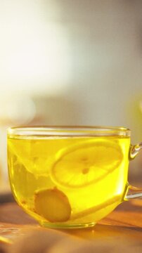 Fresh lemon slices and ginger pieces swirl in a clear glass cup while hot tea is poured, creating a bright beverage, the scene captures a simple morning preparation of a healthy, aromatic food drink