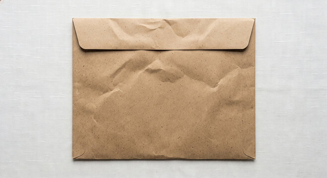 Plain recycled kraft paper mailer envelope on white textured background