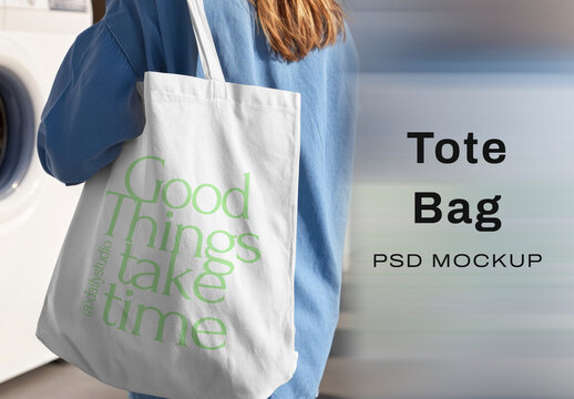 Female Tote Bag Mockup PSD On Woman Clean Urban Lifestyle Branding