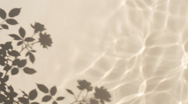 Aesthetic minimal beige background with natural rose flower shadow and soft sunlight water refractions. Neutral warm texture backdrop with generous copy space for presentation background minimal nude