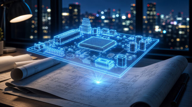 Glowing blue wireframe hologram of a circuit board over schematics