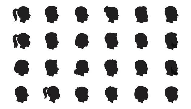 Collection of diverse human head profile icons featuring a minimalist and clean black flat design silhouette