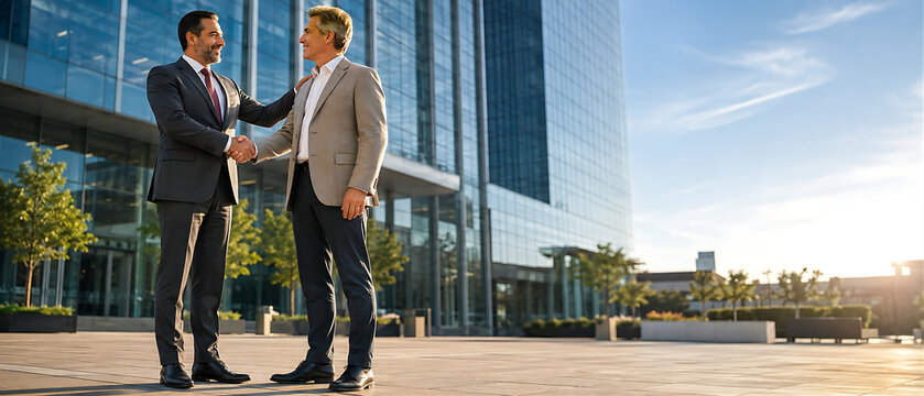 Two executives shaking hands outside modern office tower after successful meeting &mdash; charcoal suit, grey blazer, partnership, deal closing
