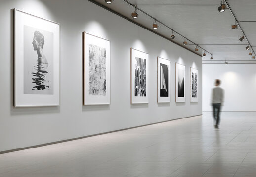 Minimal Art Gallery Mockup PSD With Blurred Man Walking In Modern Museum