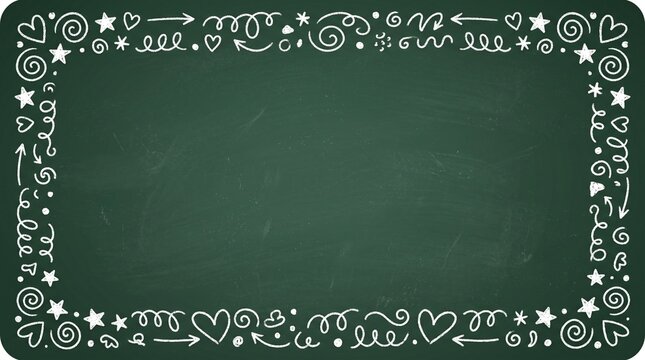 Cute chalk doodle frame on green blackboard texture with blank center for text