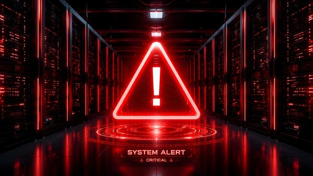 Glowing red critical system alert and warning triangle hologram in a dark data center server room corridor