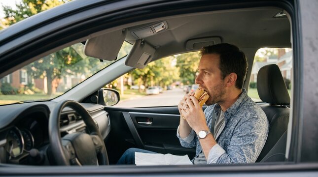 Man eating sandwich in car during lunch break, parked on suburban street