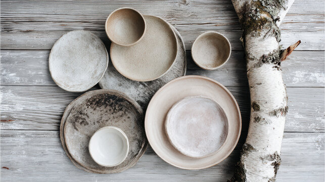 handcrafted clay pottery elegantly displayed on rustic wooden background featuring earthy tones and unique textures
