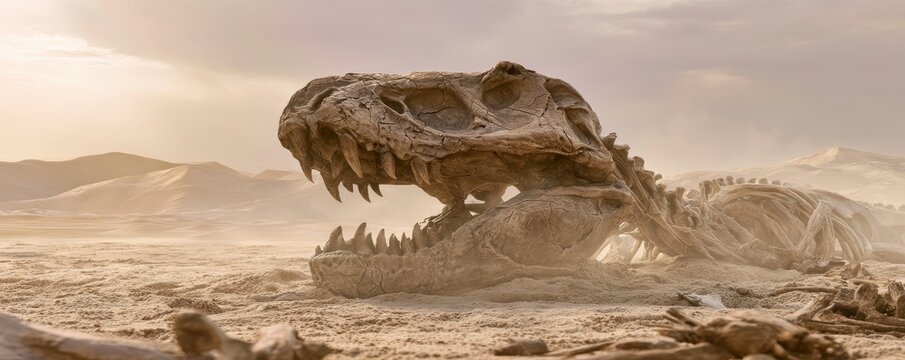 Tyrannosaurus rex skeleton half buried in sand in a vast desert landscape at sunset