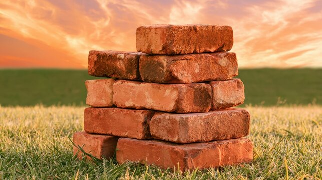 Stack of red clay bricks standing upright on a green grass field during sunset