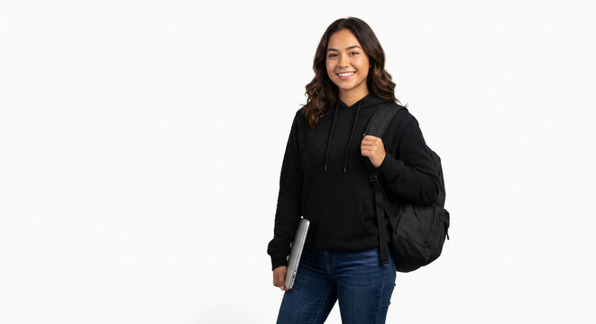 Smiling Young Woman Student in Black Hoodie with Backpack on White Banner Background