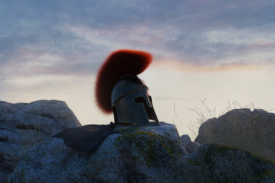 3D Rendering of an anncient greek Sparta helmet with dark cape laying on rocks in the evening sunset