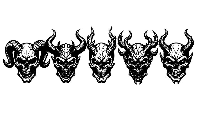 Skull Demon Heads Collection, Stylized Vector Illustration. Gothic Horror Design