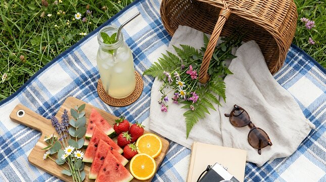 Flat Layering Wicker Basket Plaid Mat Botanical Sprigs And Chilled Beverage Arranged For Summer Outing picnic scene woven bag green checkered blanket flower drink beverage striped background