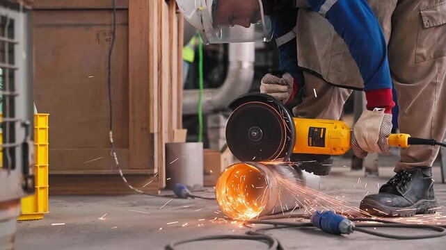 A metalworker wearing protective gloves uses an angle grinder to cut steel, creating sparks in a workshop environment. Focus on safety and precision.