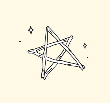 Mystical hand drawn illustration of a pentagram made of wooden sticks or twigs in a bold black line doodle style. Perfect for witchy branding, Wiccan designs, Halloween decor, tarot card accessories, 