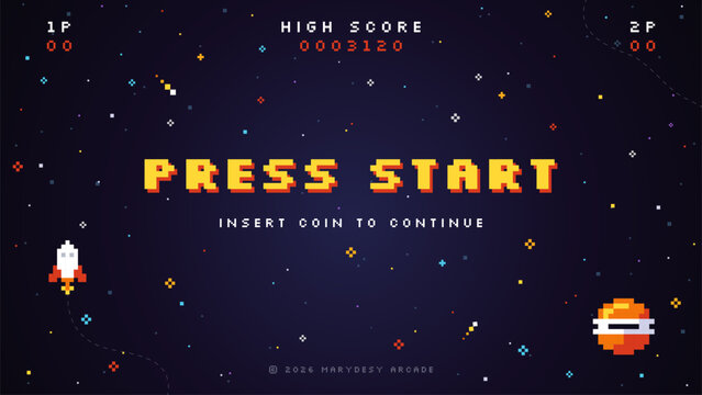 Game background pixel art, retro arcade space screen. 8 bit Press Start menu with rocket, planet, stars, high score and insert coin. Vector video game UI illustration for start and loading screen