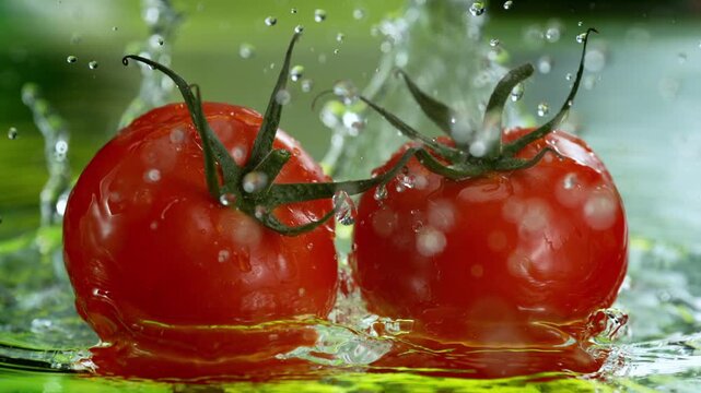 Super Slow Motion Shot of Fresh Tomato Falling into Water and Making Splash at 1000fps.