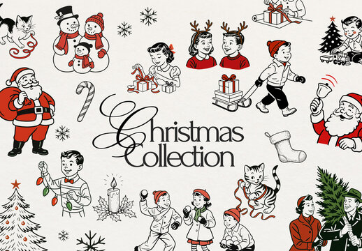 Vintage Festive Holiday Illustrations Collection