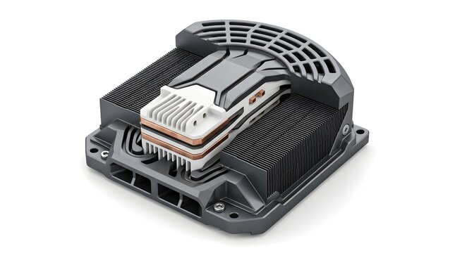 3D render of a compact GPU heat sink and vapor chamber cooling module, isolated on white. Concept for thermal management in graphics cards, servers, and high-performance computing.