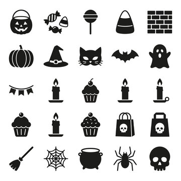 Collection of spooky halloween icons including pumpkins candy ghosts and witch elements